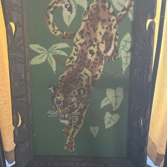 Vintage Stalking Jaguar Needlepoint Wall Art Hanging Framed - Picture 2 of 9